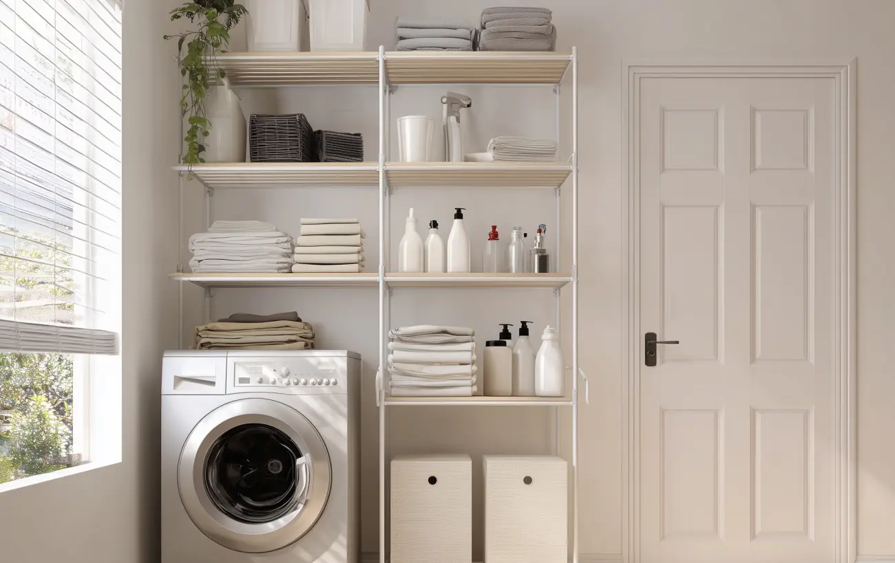 Jak sprytnie wykorzystać przestrzeń nad pralką i suszarką_Otwarta półka to strzał w dziesiątkę