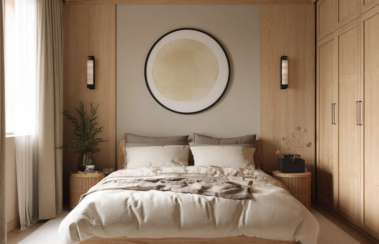 Beż i drewno to duet, który tworzy sypialnię pełną ciepła i spokoju