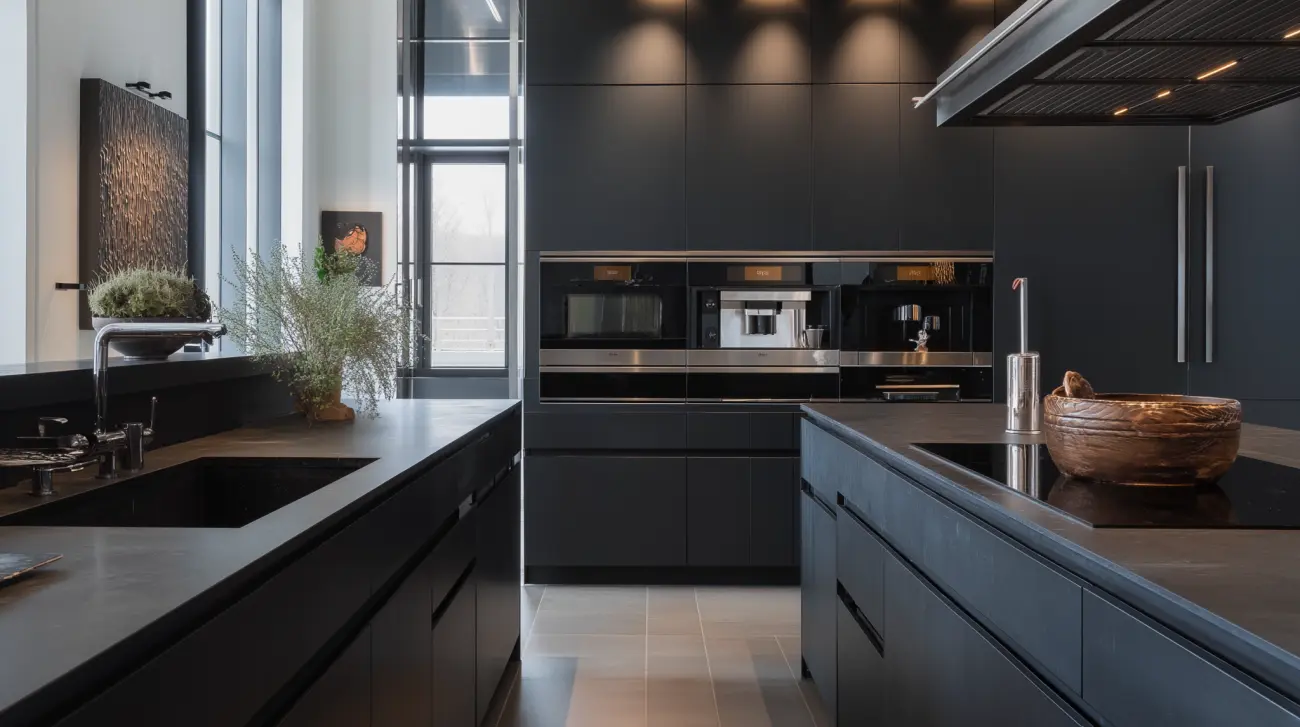 Matowa czerń i pionowe otwarcie_lift-up w nowoczesnej kuchni