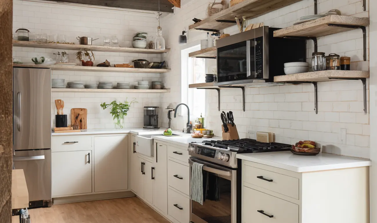 Półki kuchenne z mosiężnymi relingami, czyli detal, który zmienia całość