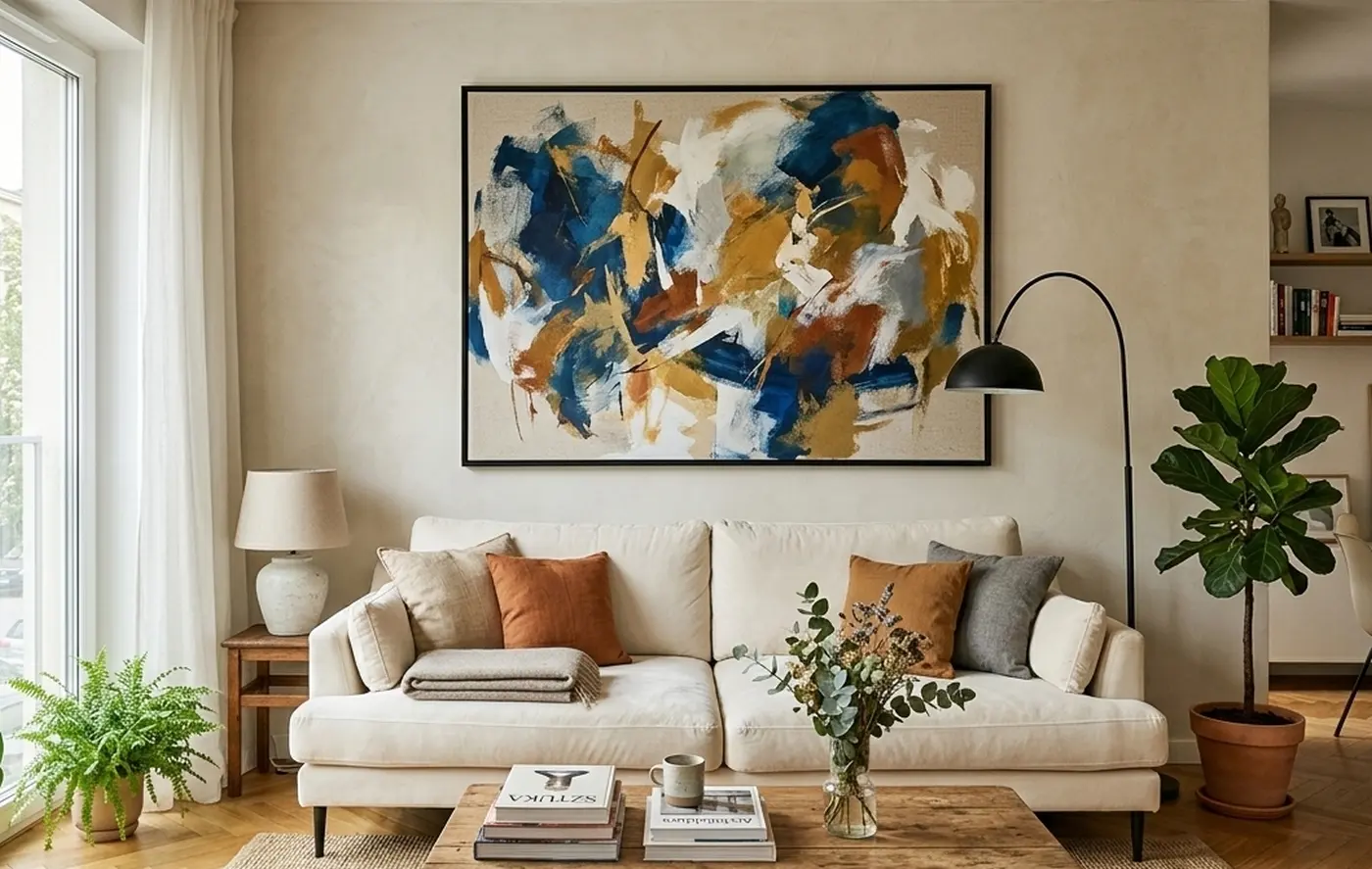 Jaki obraz nad sofę wybrać_Duża sztuka w salonie to najmocniejszy trend 2026