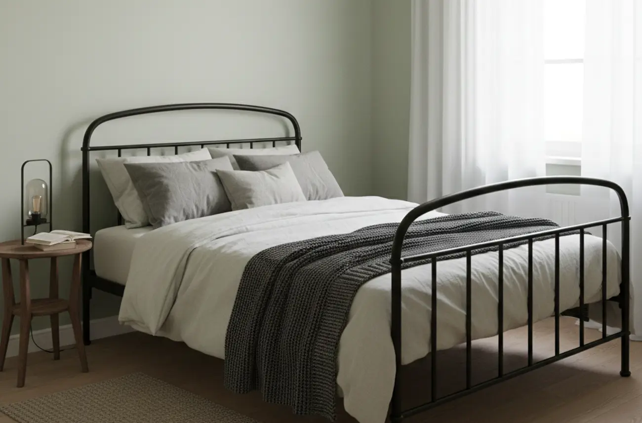 Metalowe łóżko w małej sypialni, czyli prosty trik, który optycznie powiększa wnętrze