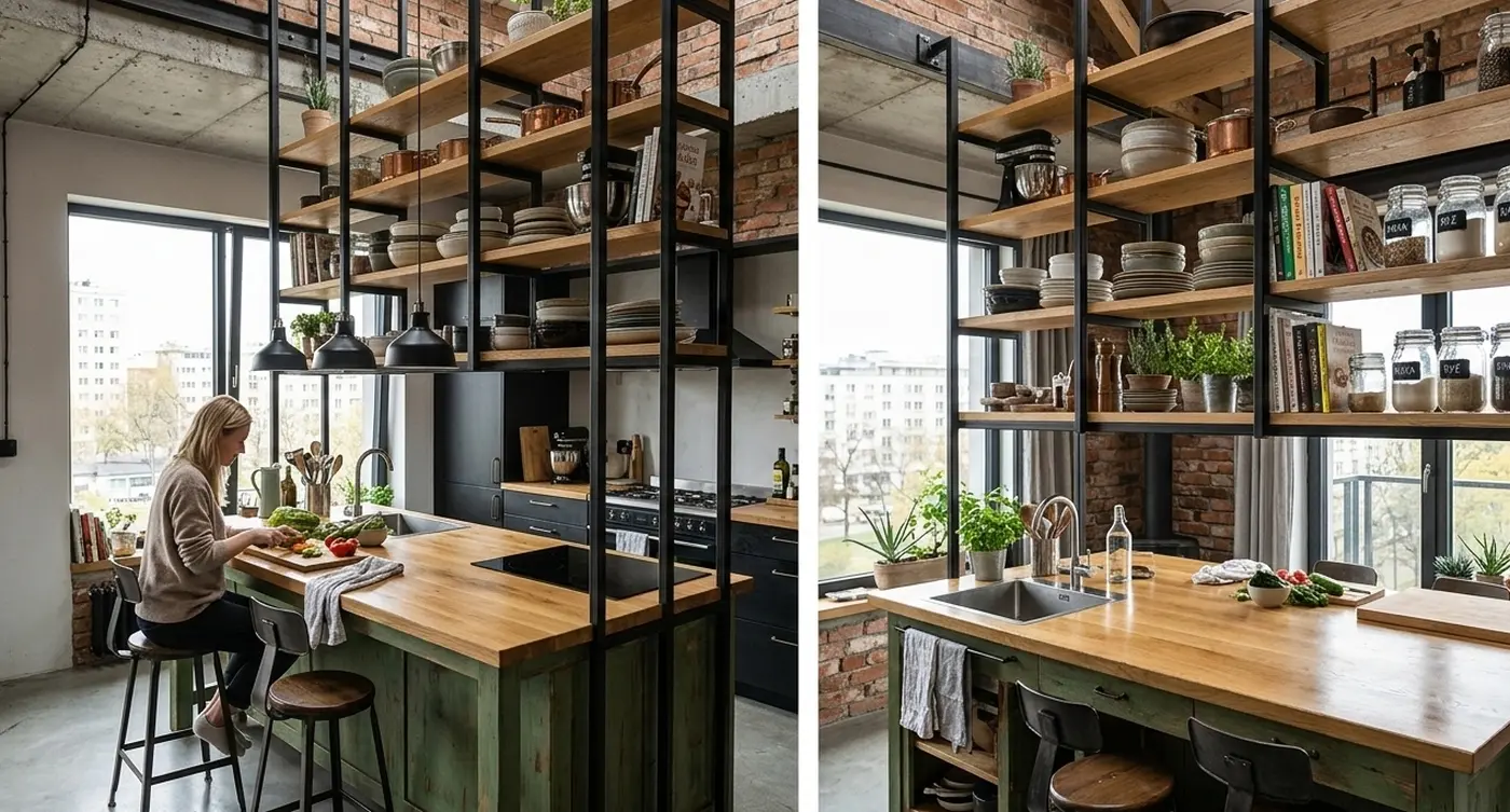 Bardzo wysoka wyspa kuchenna i otwarte półki to hit aranżacji 2026