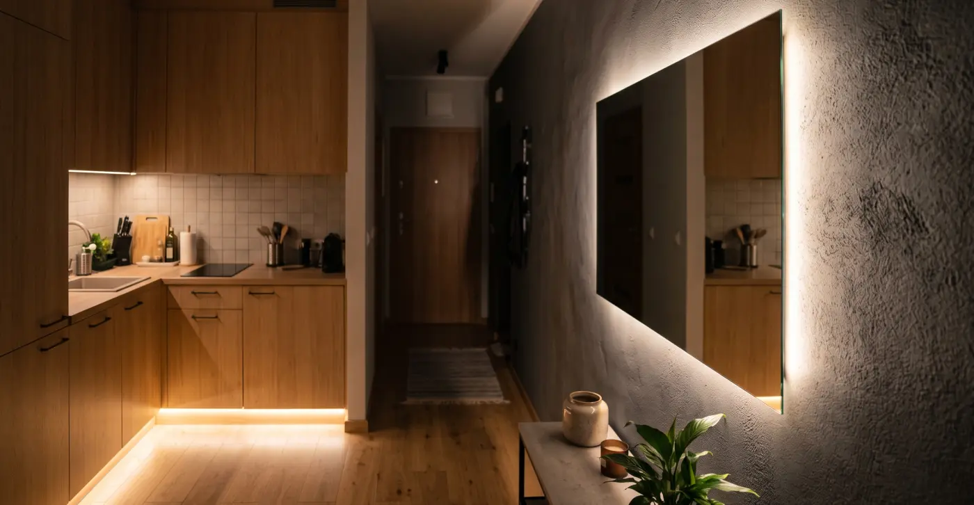 Ukryte LED-y pod cokołami i za lustrem. Oto 5 dyskretnych miejsc na światło, które powiększy małe wnętrze